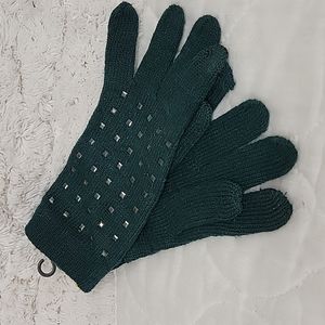 Studded dark green acrylic and wool knitted gloves.